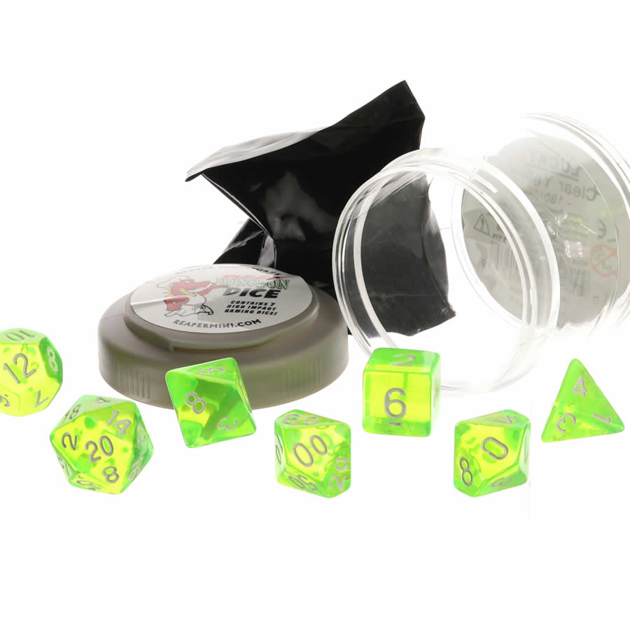 RPR19071 Clear Neon Green Lucky Dice Set 16mm (5/8 inch) Dungeon Dice with Random Miniature Included Reaper Miniatures (ONLINE ORDER ONLY)