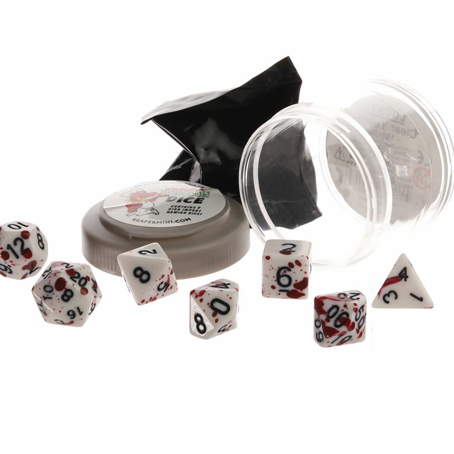 RPR19073 Blood Splatter Lucky Dice Set 16mm (5/8 inch) Dungeon Dice with Random Miniature Included Reaper Miniatures (ONLINE ORDER ONLY)