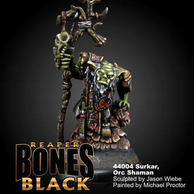 RPR44004 Surkar Orc Shaman Miniature 25mm Heroic Scale Reaper Bones Black (ONLINE ORDER ONLY)