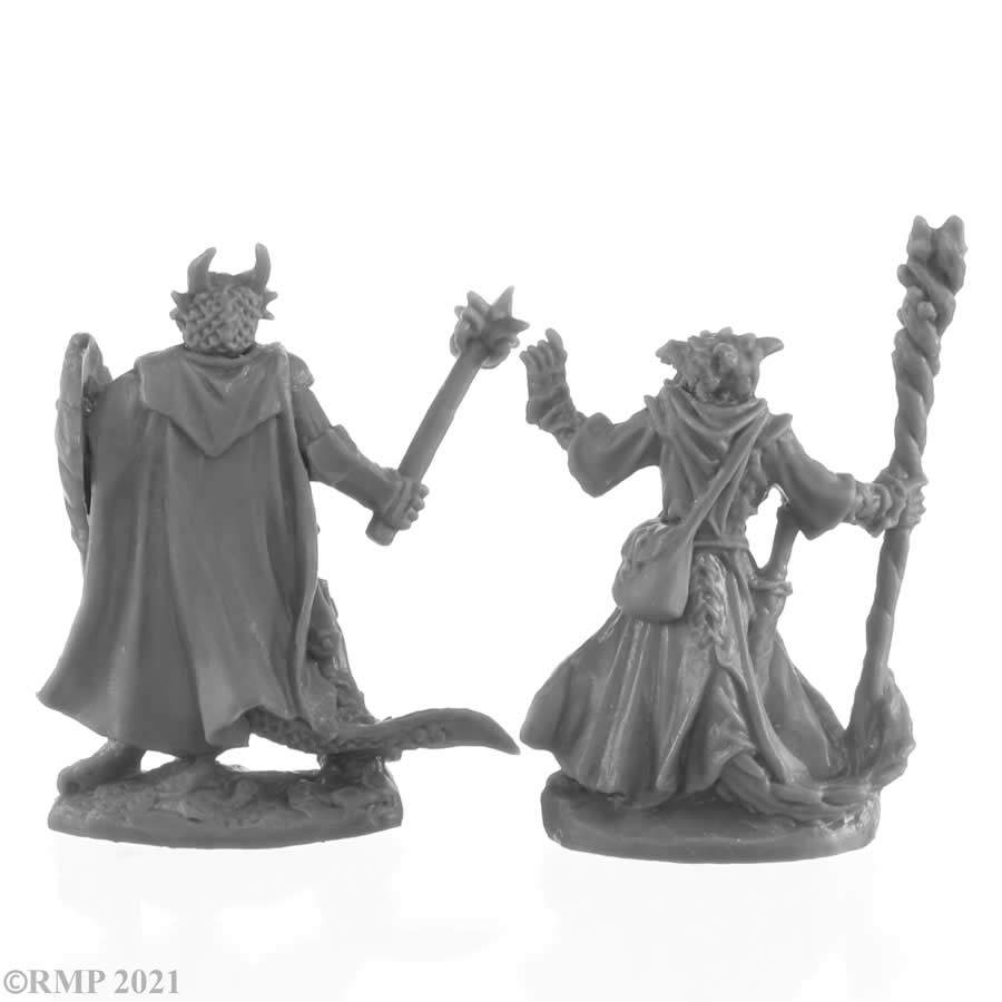 RPR44144 Dragonfolk Wizard and Cleric Miniature 25mm Heroic Scale Figure Bones Black (ONLINE ORDER ONLY)
