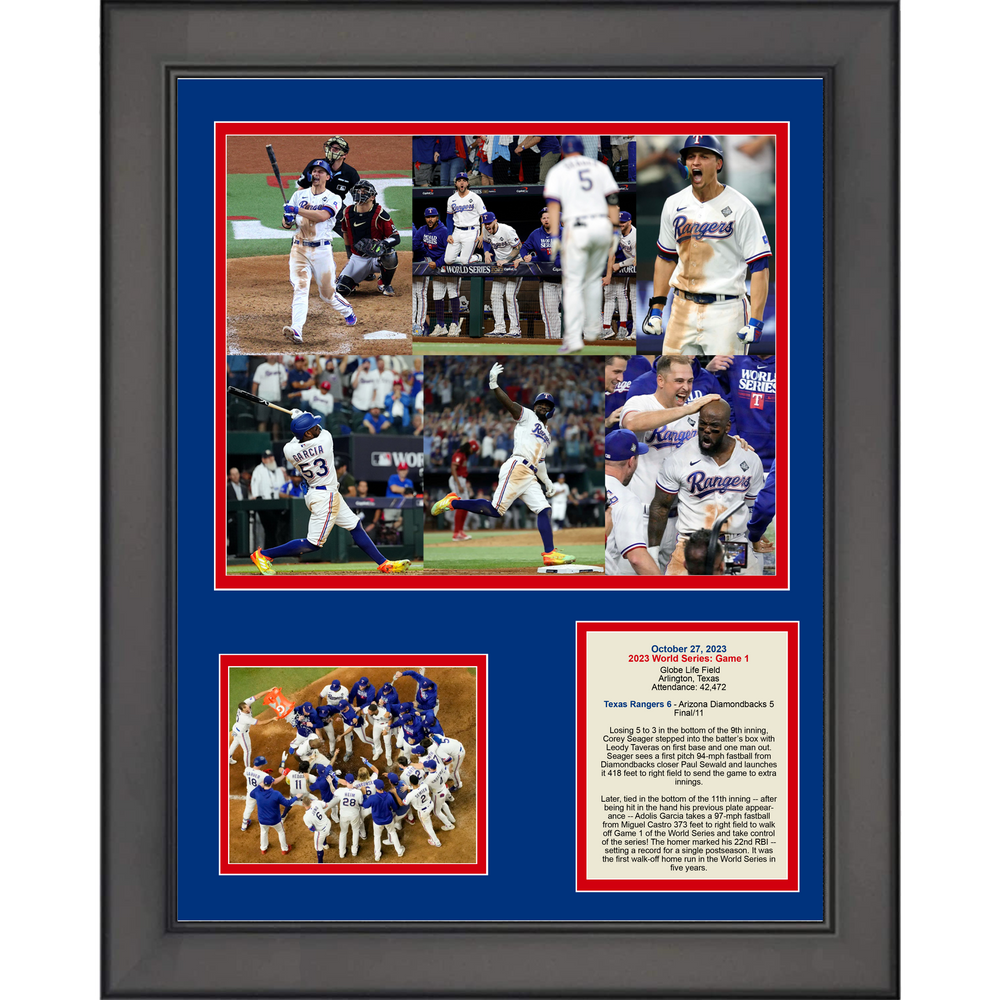 Framed Texas Rangers 2023 World Series Game 1 Corey Seager Adolis Garcia Home Run 11"x14" Three Photo Collage (ONLINE ORDER ONLY)