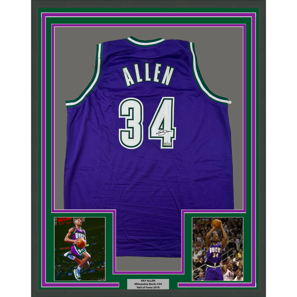 Framed Facsimile Autographed Ray Allen 35x39 Milwaukee Purple Reprint Laser Auto Basketball Jersey (ONLINE ORDER ONLY)