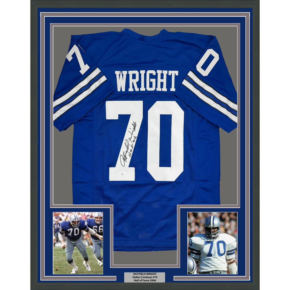 Framed Autographed/Signed Rayfield Wright 35x39 HOF 06 Dallas Blue Football Jersey JSA COA