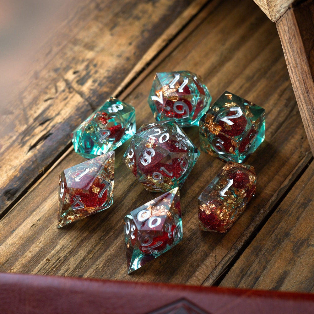 Red And Gold Glitter Liquid Core Handmade Resin DND Dice Set (ONLINE ORDER ONLY)