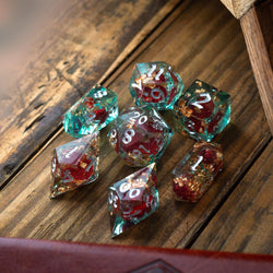 Red And Gold Glitter Liquid Core Handmade Resin DND Dice Set (ONLINE ORDER ONLY)