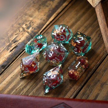 Red And Gold Glitter Liquid Core Handmade Resin DND Dice Set (ONLINE ORDER ONLY)