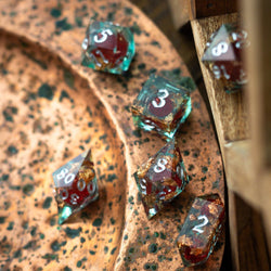 Red And Gold Glitter Liquid Core Handmade Resin DND Dice Set (ONLINE ORDER ONLY)