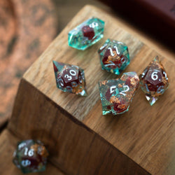 Red And Gold Glitter Liquid Core Handmade Resin DND Dice Set (ONLINE ORDER ONLY)