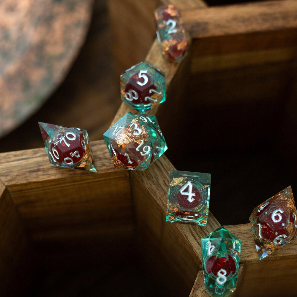 Red And Gold Glitter Liquid Core Handmade Resin DND Dice Set (ONLINE ORDER ONLY)