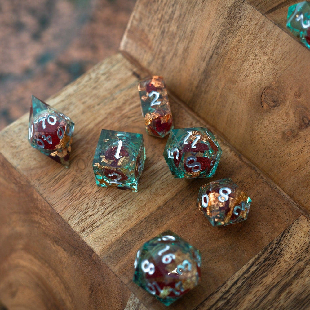 Red And Gold Glitter Liquid Core Handmade Resin DND Dice Set (ONLINE ORDER ONLY)