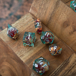 Red And Gold Glitter Liquid Core Handmade Resin DND Dice Set (ONLINE ORDER ONLY)