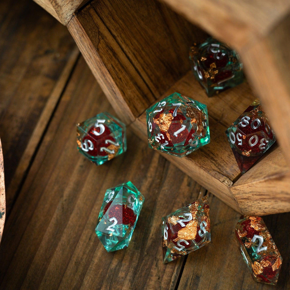 Red And Gold Glitter Liquid Core Handmade Resin DND Dice Set (ONLINE ORDER ONLY)