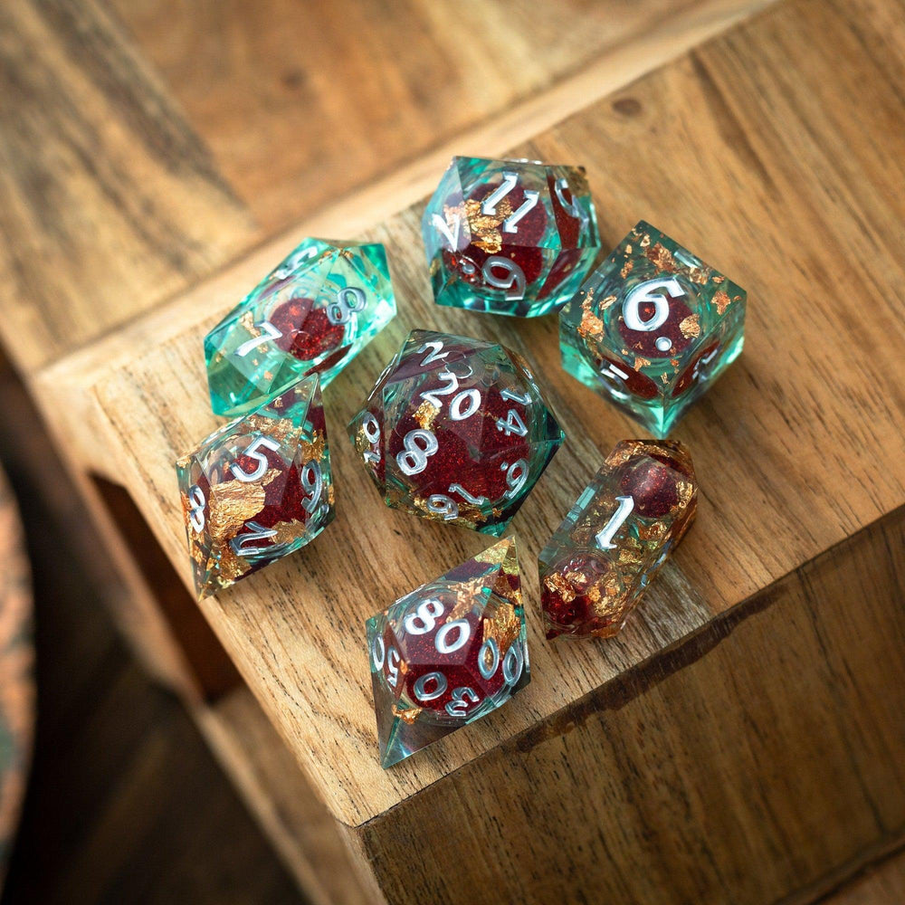 Red And Gold Glitter Liquid Core Handmade Resin DND Dice Set (ONLINE ORDER ONLY)