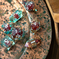 Red And Gold Glitter Liquid Core Handmade Resin DND Dice Set (ONLINE ORDER ONLY)
