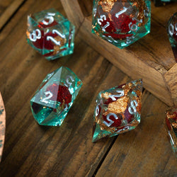 Red And Gold Glitter Liquid Core Handmade Resin DND Dice Set (ONLINE ORDER ONLY)