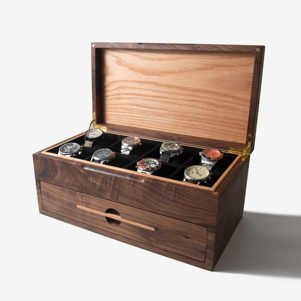 Watch Box with Drawer - Black Walnut and Oak - 12 to 16 Watch Compartments (ONLINE ORDER ONLY)