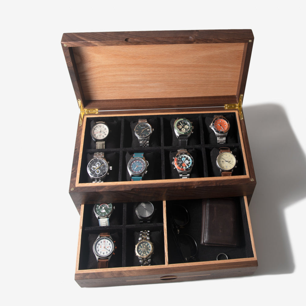 Watch Box with Drawer - Black Walnut and Oak - 12 to 16 Watch Compartments (ONLINE ORDER ONLY)