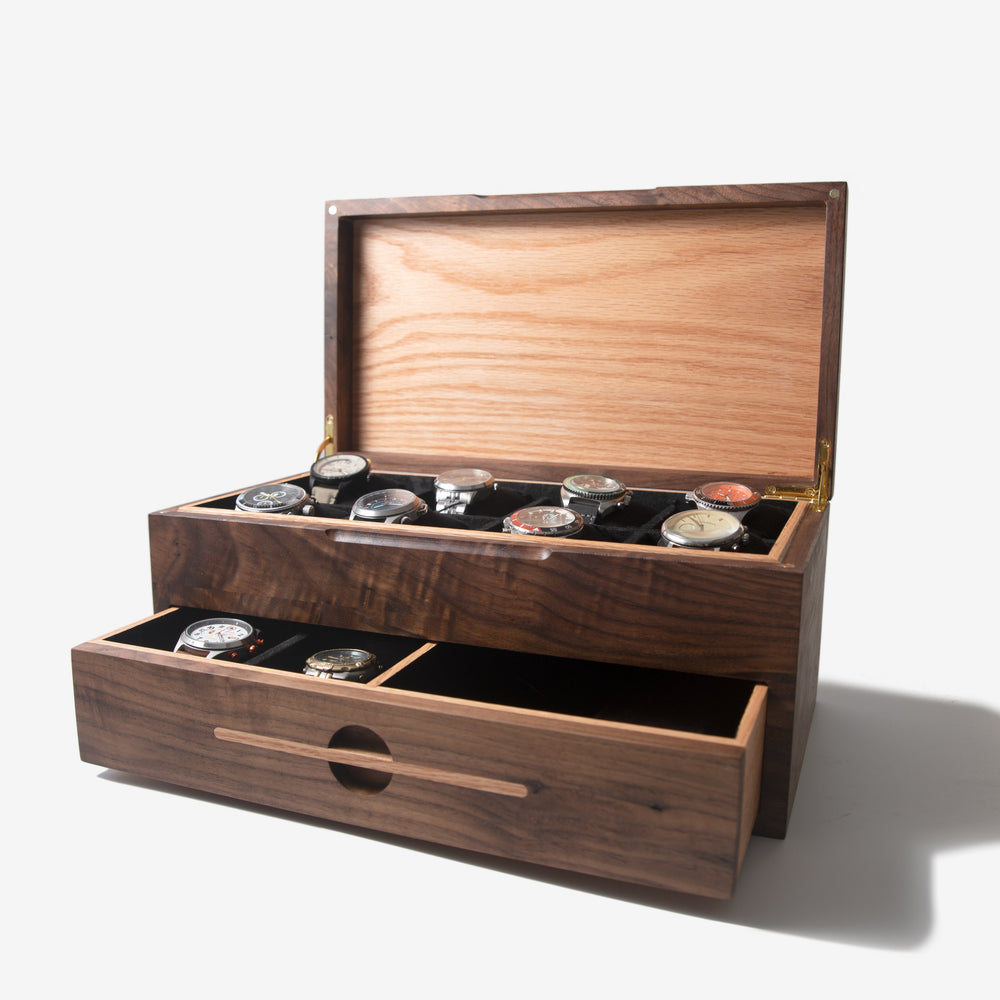 Watch Box with Drawer - Black Walnut and Oak - 12 to 16 Watch Compartments (ONLINE ORDER ONLY)