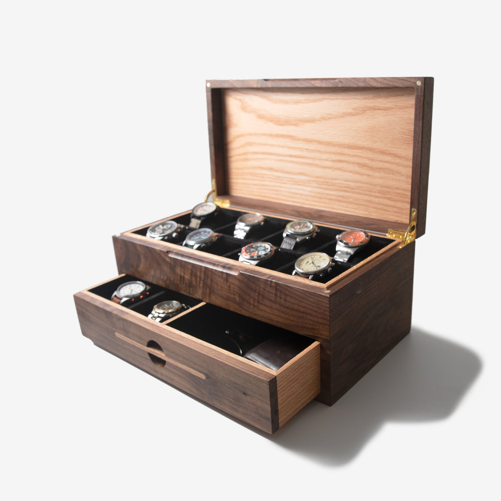 Watch Box with Drawer - Black Walnut and Oak - 12 to 16 Watch Compartments (ONLINE ORDER ONLY)