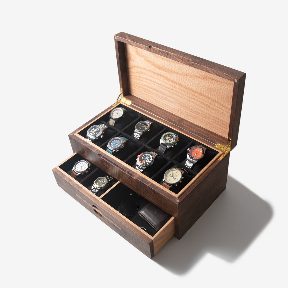 Watch Box with Drawer - Black Walnut and Oak - 12 to 16 Watch Compartments (ONLINE ORDER ONLY)