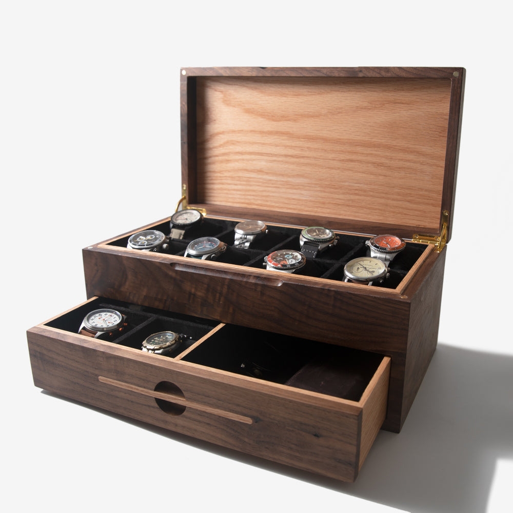 Watch Box with Drawer - Black Walnut and Oak - 12 to 16 Watch Compartments (ONLINE ORDER ONLY)