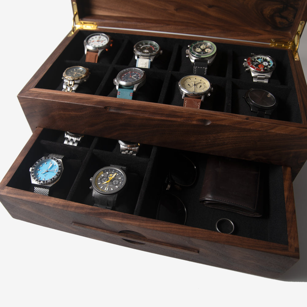 Watch Box with Drawer - Solid Black Walnut - 12 to 16 Watch Compartments (ONLINE ORDER ONLY)