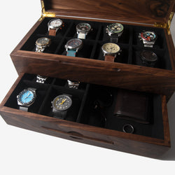 Watch Box with Drawer - Solid Black Walnut - 12 to 16 Watch Compartments (ONLINE ORDER ONLY)