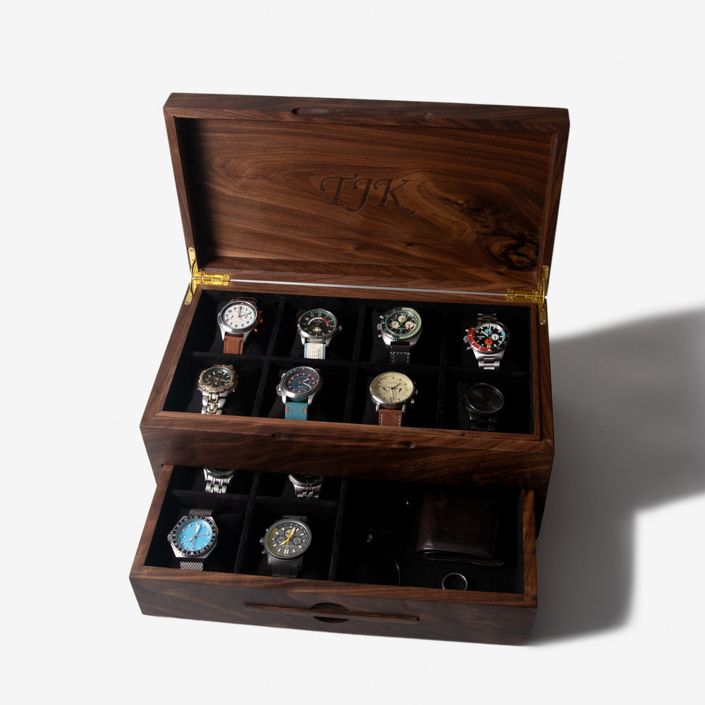 Watch Box with Drawer - Solid Black Walnut - 12 to 16 Watch Compartments (ONLINE ORDER ONLY)