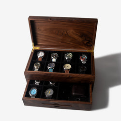Watch Box with Drawer - Solid Black Walnut - 12 to 16 Watch Compartments (ONLINE ORDER ONLY)