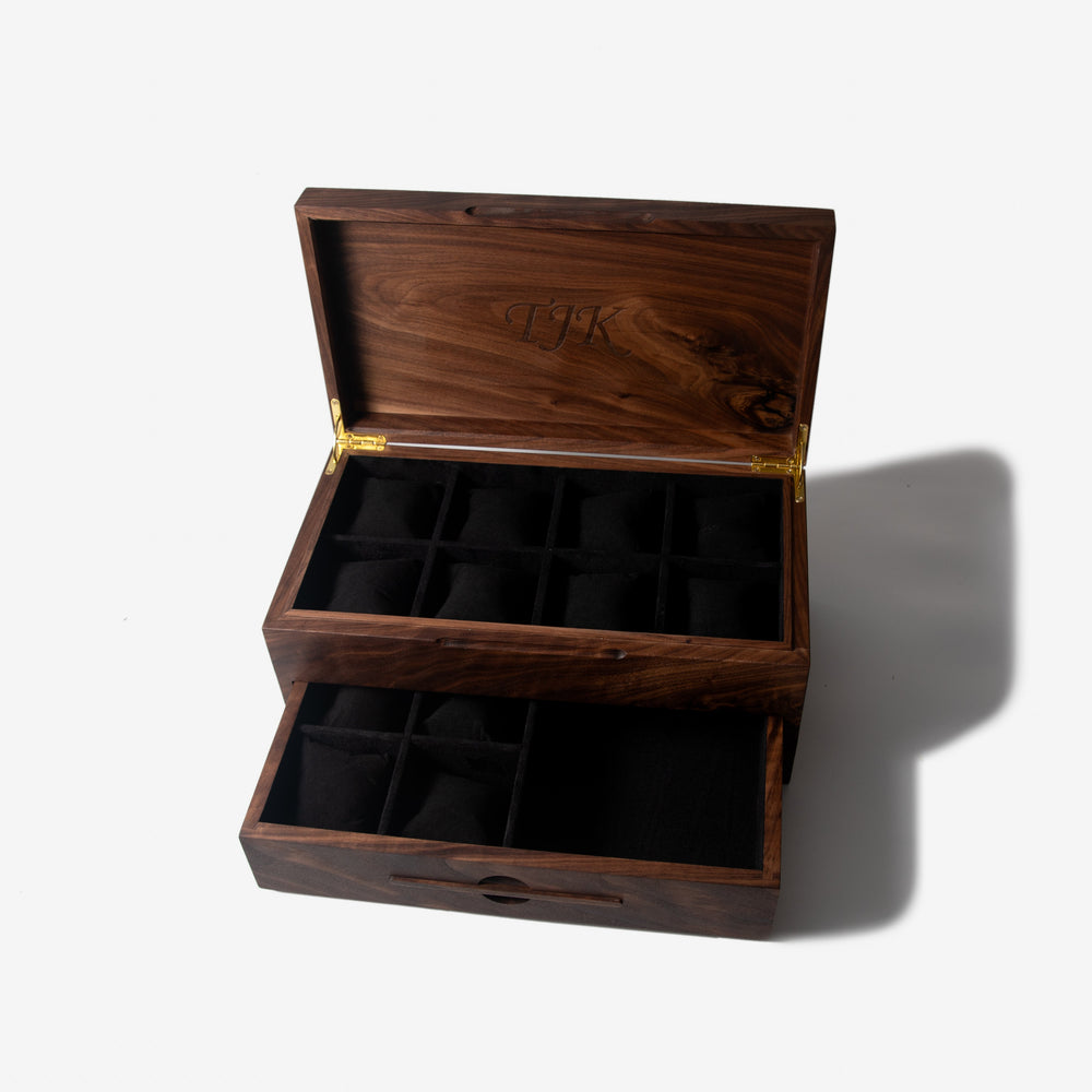 Watch Box with Drawer - Solid Black Walnut - 12 to 16 Watch Compartments (ONLINE ORDER ONLY)