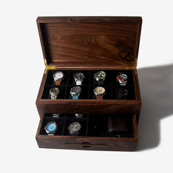 Watch Box with Drawer - Solid Black Walnut - 12 to 16 Watch Compartments (ONLINE ORDER ONLY)