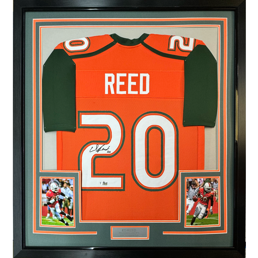 Framed Facsimile Autographed Ed Reed 35x39 Miami Orange Reprint Laser Auto College Football Jersey (ONLINE ORDER ONLY)