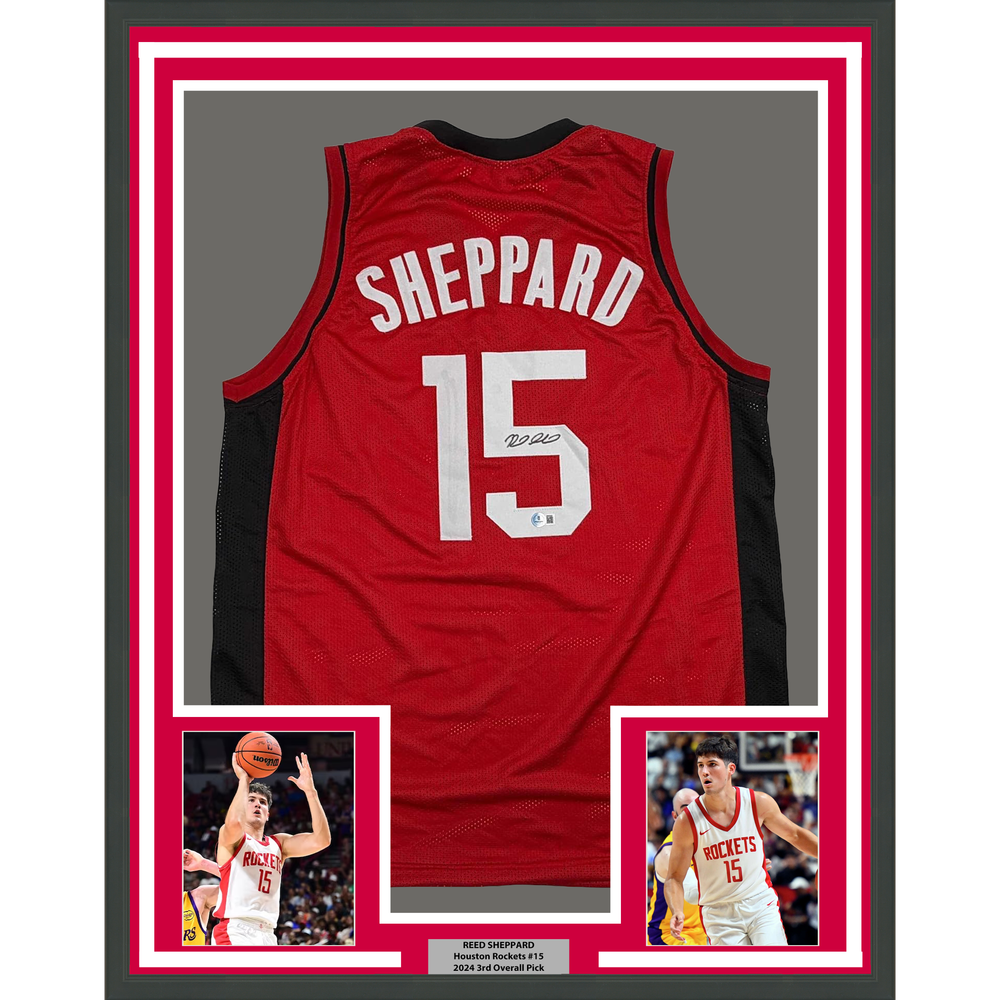 Framed Autographed/Signed Reed Sheppard 35x39 Houston Red Basketball Jersey Beckett BAS COA