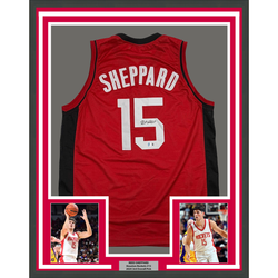 Framed Autographed/Signed Reed Sheppard 35x39 Houston Red Basketball Jersey Beckett BAS COA