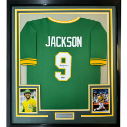 Framed Facsimile Autographed Reggie Jackson 35x39 Oakland Green Reprint Laser Auto Baseball Jersey (ONLINE ORDER ONLY)