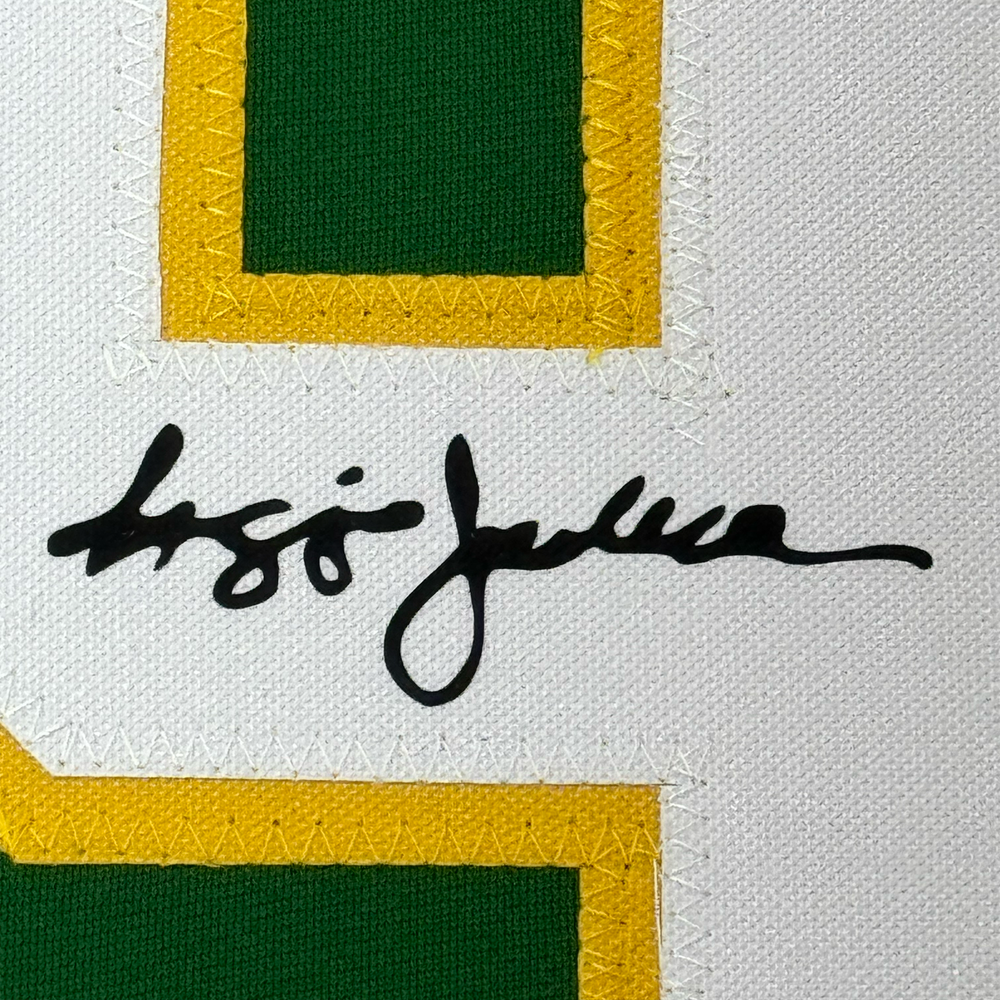 Framed Facsimile Autographed Reggie Jackson 35x39 Oakland Green Reprint Laser Auto Baseball Jersey (ONLINE ORDER ONLY)