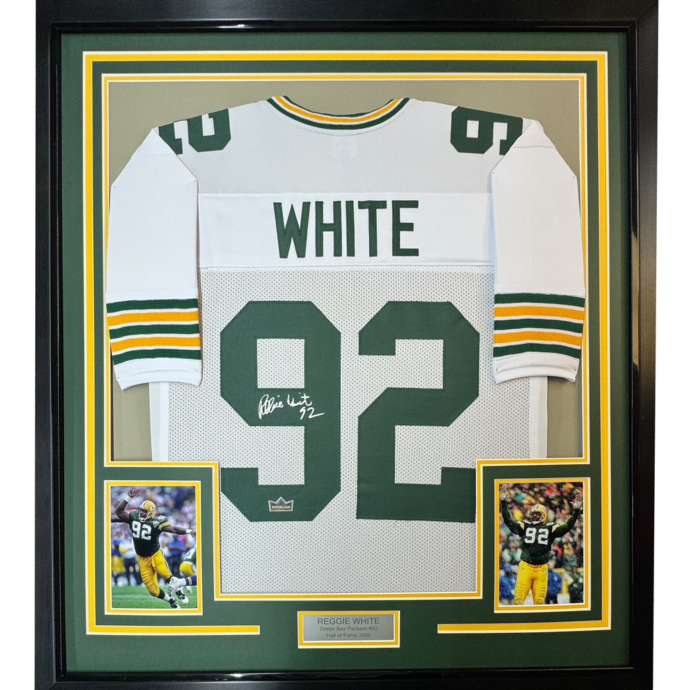 Framed Facsimile Autographed Reggie White 35x39 Green Bay White Reprint Laser Auto Football Jersey (ONLINE ORDER ONLY)