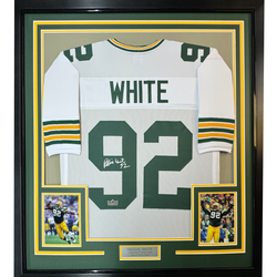 Framed Facsimile Autographed Reggie White 35x39 Green Bay White Reprint Laser Auto Football Jersey (ONLINE ORDER ONLY)