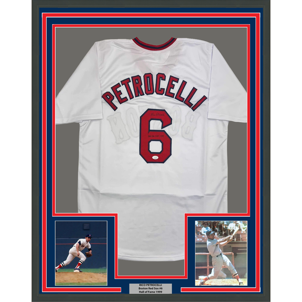 Framed Autographed/Signed Rico Petrocelli 35x39 HOF 1999 Boston White Baseball Jersey JSA COA