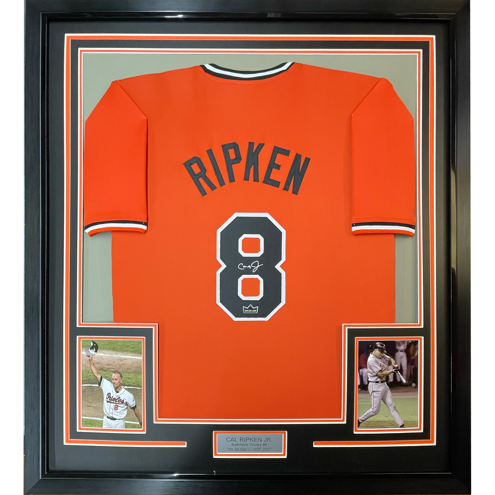 Framed Facsimile Autographed Cal Ripken Jr. 35x39 Baltimore Orange Reprint Laser Auto Baseball Jersey (ONLINE ORDER ONLY)