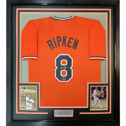 Framed Facsimile Autographed Cal Ripken Jr. 35x39 Baltimore Orange Reprint Laser Auto Baseball Jersey (ONLINE ORDER ONLY)