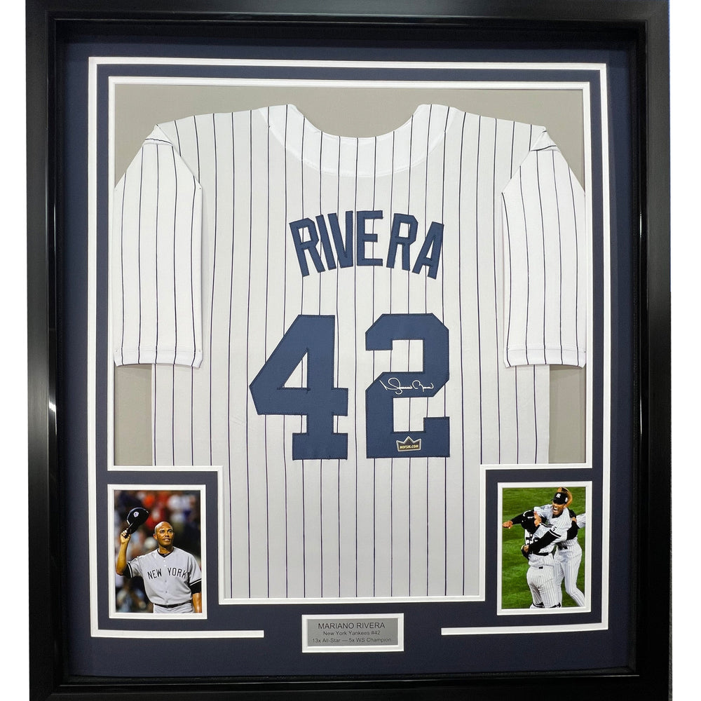 Framed Facsimile Autographed Mariano Rivera 35x39 New York Pinstripe Reprint Laser Auto Baseball Jersey (ONLINE ORDER ONLY)