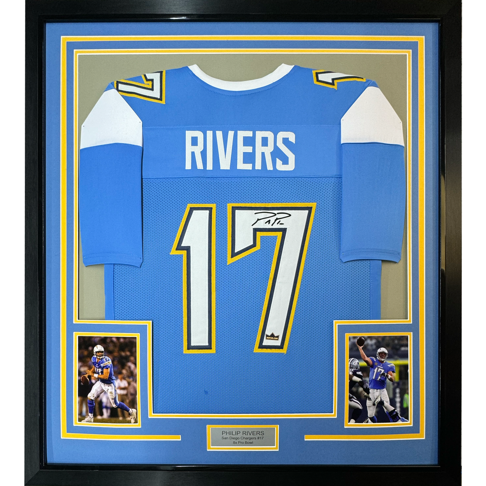 Framed Facsimile Autographed Philip Rivers 35x39 Los Angeles LA Powder Blue Reprint Laser Auto Football Jersey (ONLINE ORDER ONLY)