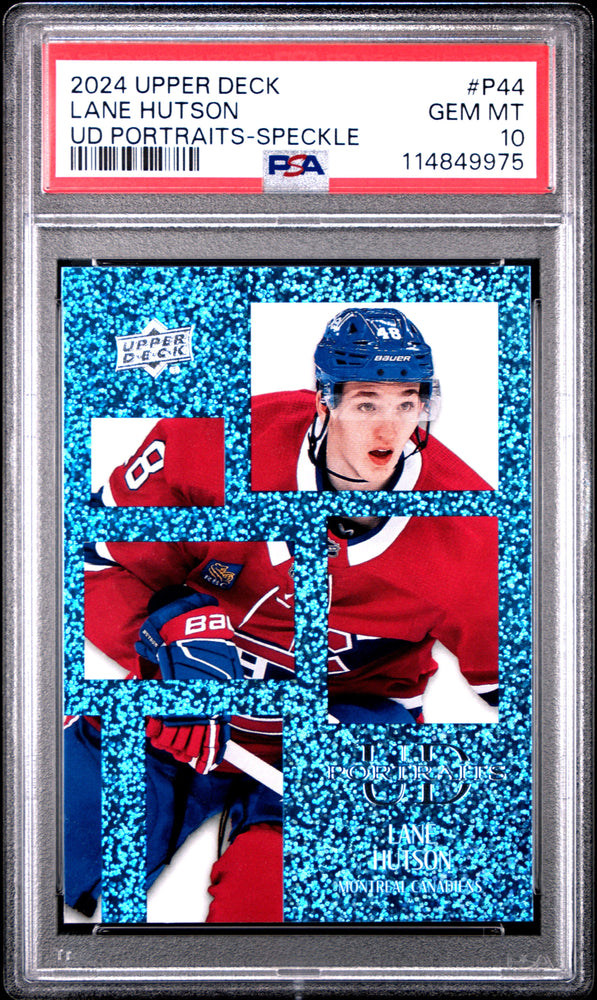 Graded 2024 Upper Deck Lane Hutson #P44 UD Portraits Speckle Rookie RC Hockey Card PSA 10 Gem Mint (ONLINE ORDER ONLY)