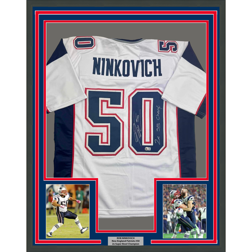 Framed Autographed/Signed Rob Ninkovich "2x SB Champ" 35x39 New England White Football Jersey Beckett BAS COA