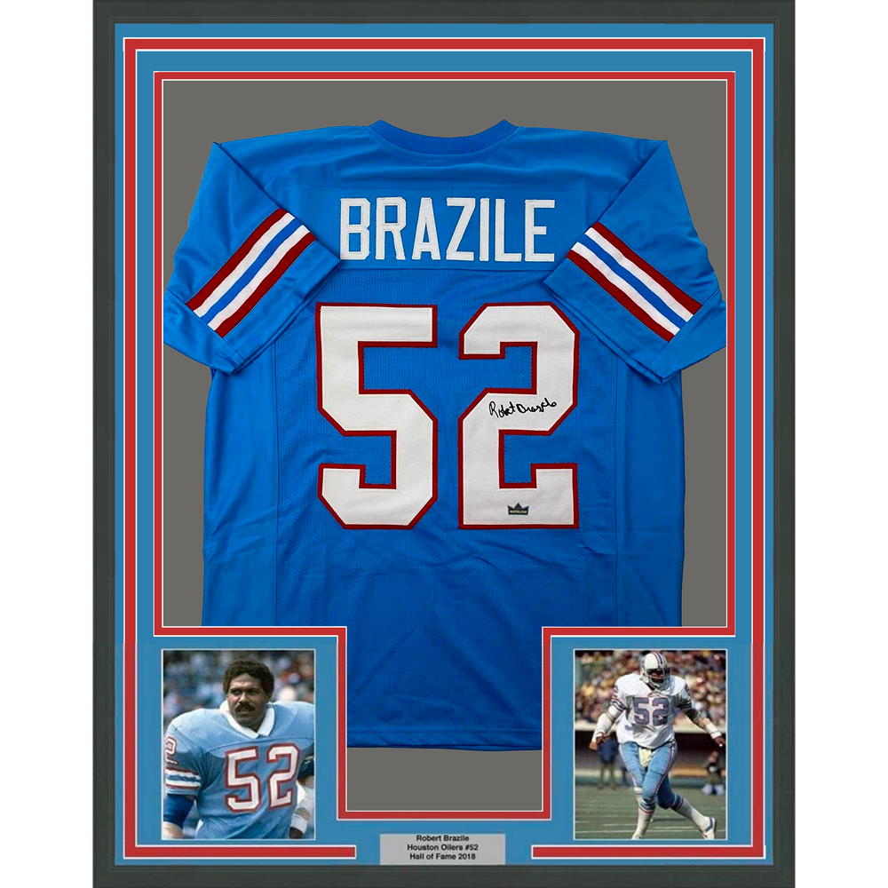 Framed Facsimile Autographed Robert Brazile 35x39 Houston Blue Reprint Laser Auto Football Jersey (ONLINE ORDER ONLY)
