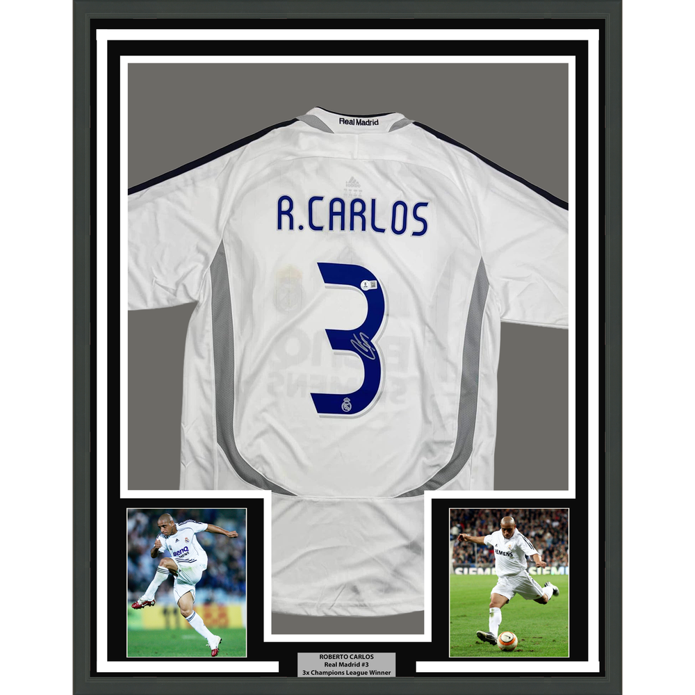 Framed Autographed/Signed Roberto Carlos 35x39 Real Madrid White Soccer Jersey Beckett BAS COA