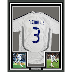 Framed Autographed/Signed Roberto Carlos 35x39 Real Madrid White Soccer Jersey Beckett BAS COA