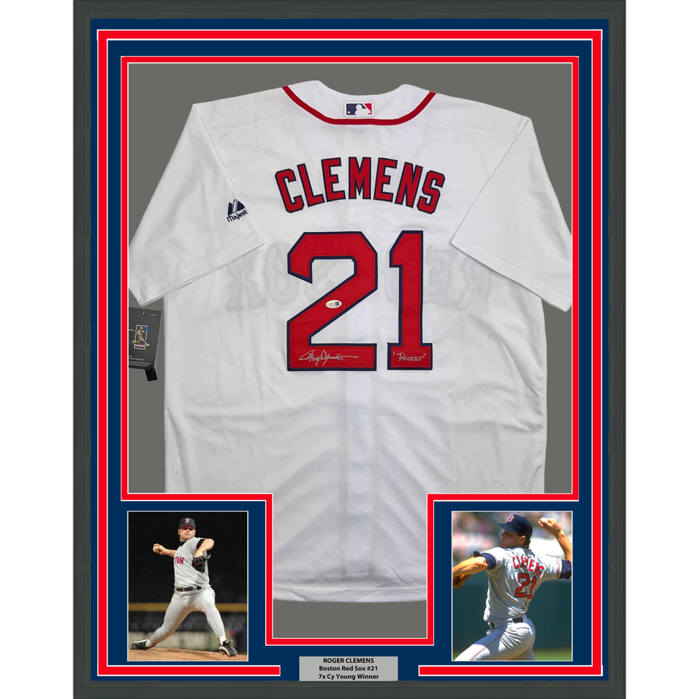 Framed Autographed/Signed Roger Clemens "Rocket" 35x39 Boston White Baseball Jersey JSA COA