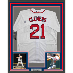 Framed Autographed/Signed Roger Clemens "Rocket" 35x39 Boston White Baseball Jersey JSA COA